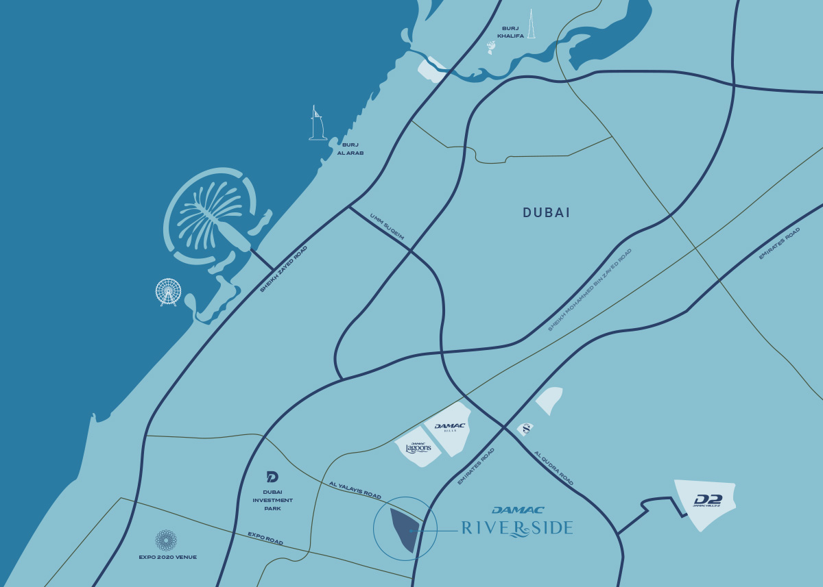 موقعیت استراتژیک Riverside Views DAMAC دبی